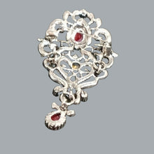 Load image into Gallery viewer, Vintage Filigree Brooch – Silver-Plated with Red, Green & Clear Rhinestones