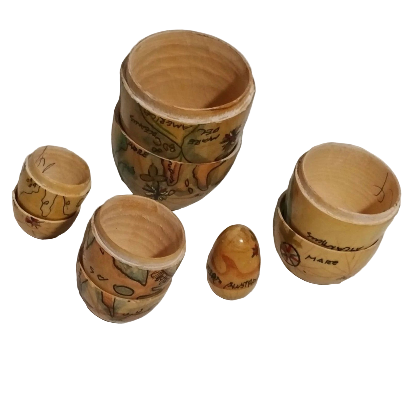 Vintage Wooden Nesting World Map Eggs Set Hand Painted Globe Style 4"
