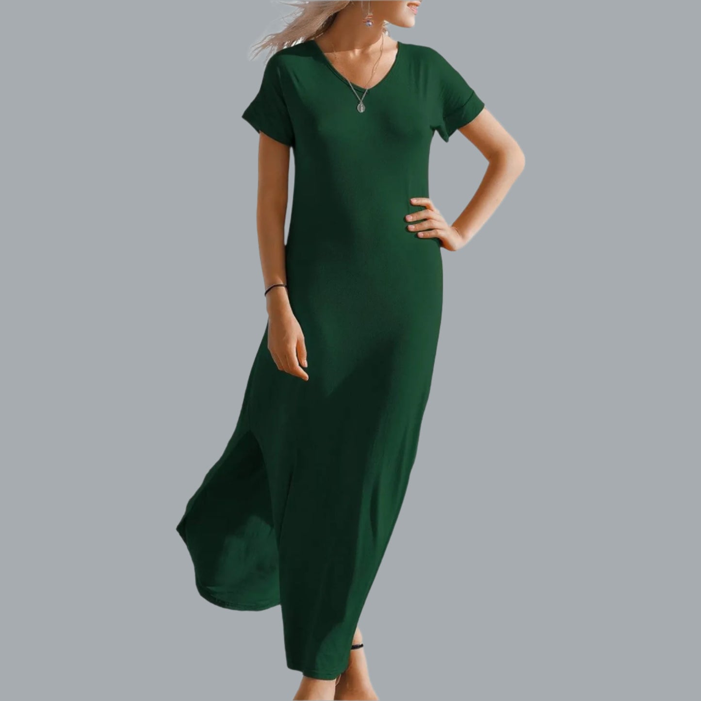 V Neck Short Sleeve Dress Open Back Side Split Midi Flowy Small Dark Green