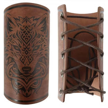Load image into Gallery viewer, Gothic Wolf Faux Leather Brown Arm Bracers (Pair) For Renaissance Faire