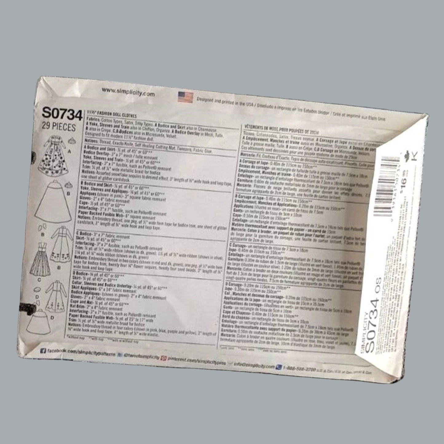 Simplicity S0734 Disney Frozen Doll Clothes Sewing Pattern Uncut OOP Anna Elsa