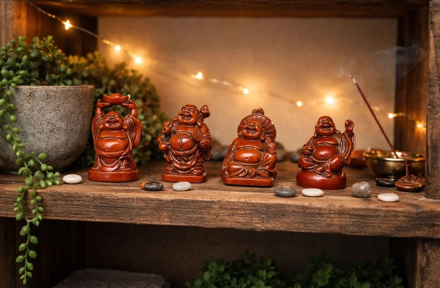 Set 4 Laughing Buddha Figurines Resin Feng Shui Budai Statues 2" Sm Chip on Hat