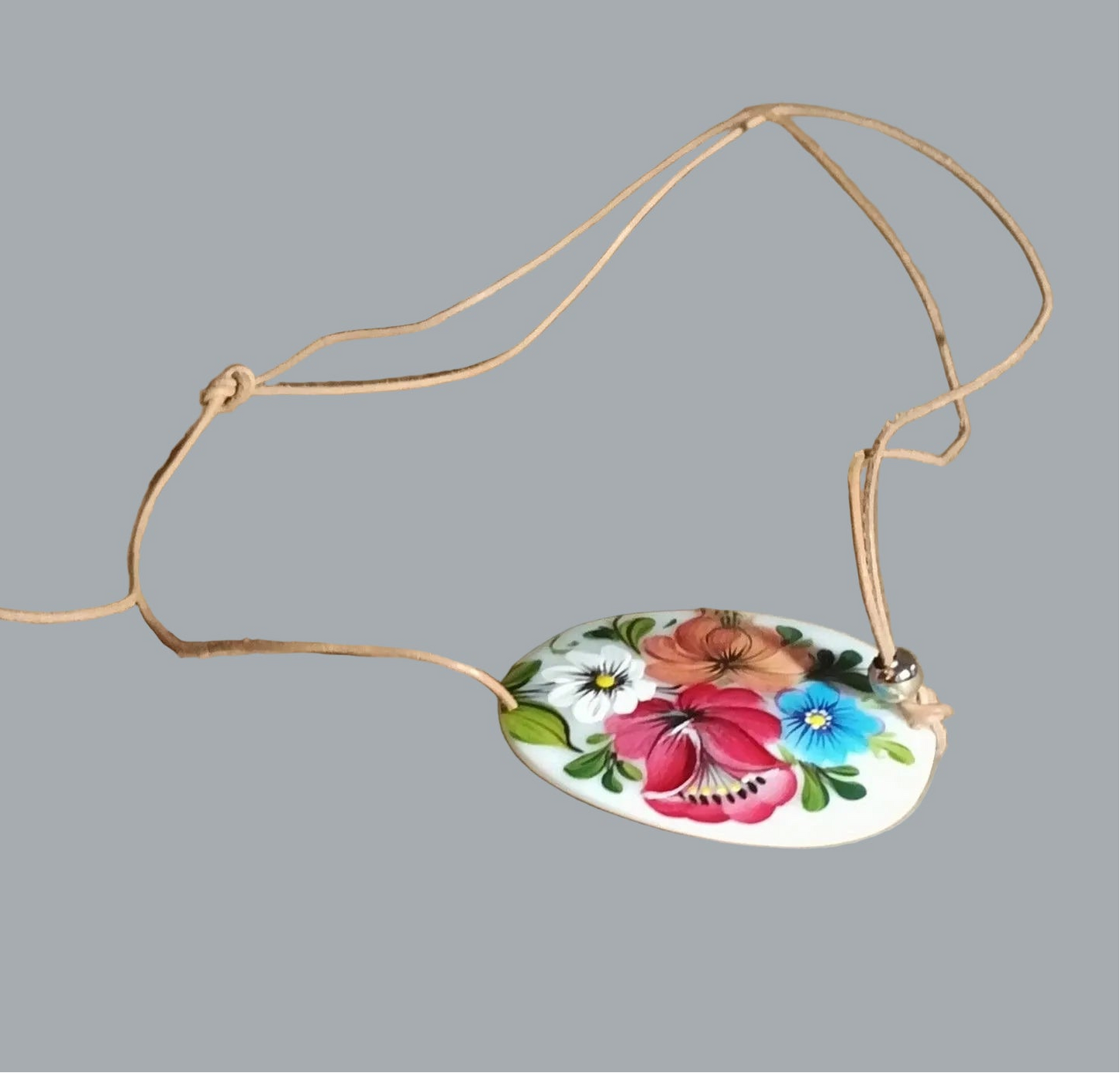 Hand Painted Mother of Pearl Floral Pendant Necklace Adjustable Cord