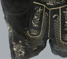 Load image into Gallery viewer, Black Leather German Lederhosen Shorts Embroidered Bavarian Suspenders 32