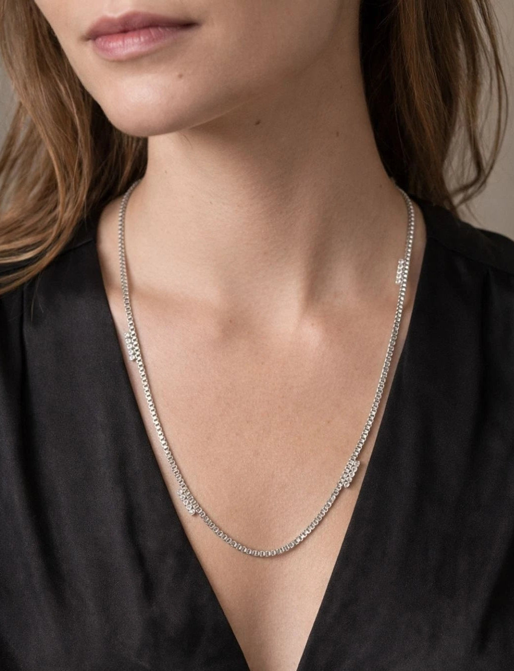 Ann Taylor 34" Silver Box Chain Necklace – Rhinestone Accent, Elegant Style