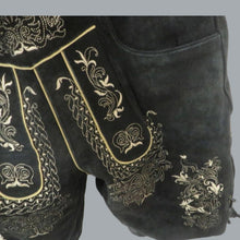Load image into Gallery viewer, Black Leather German Lederhosen Shorts Embroidered Bavarian Suspenders 32