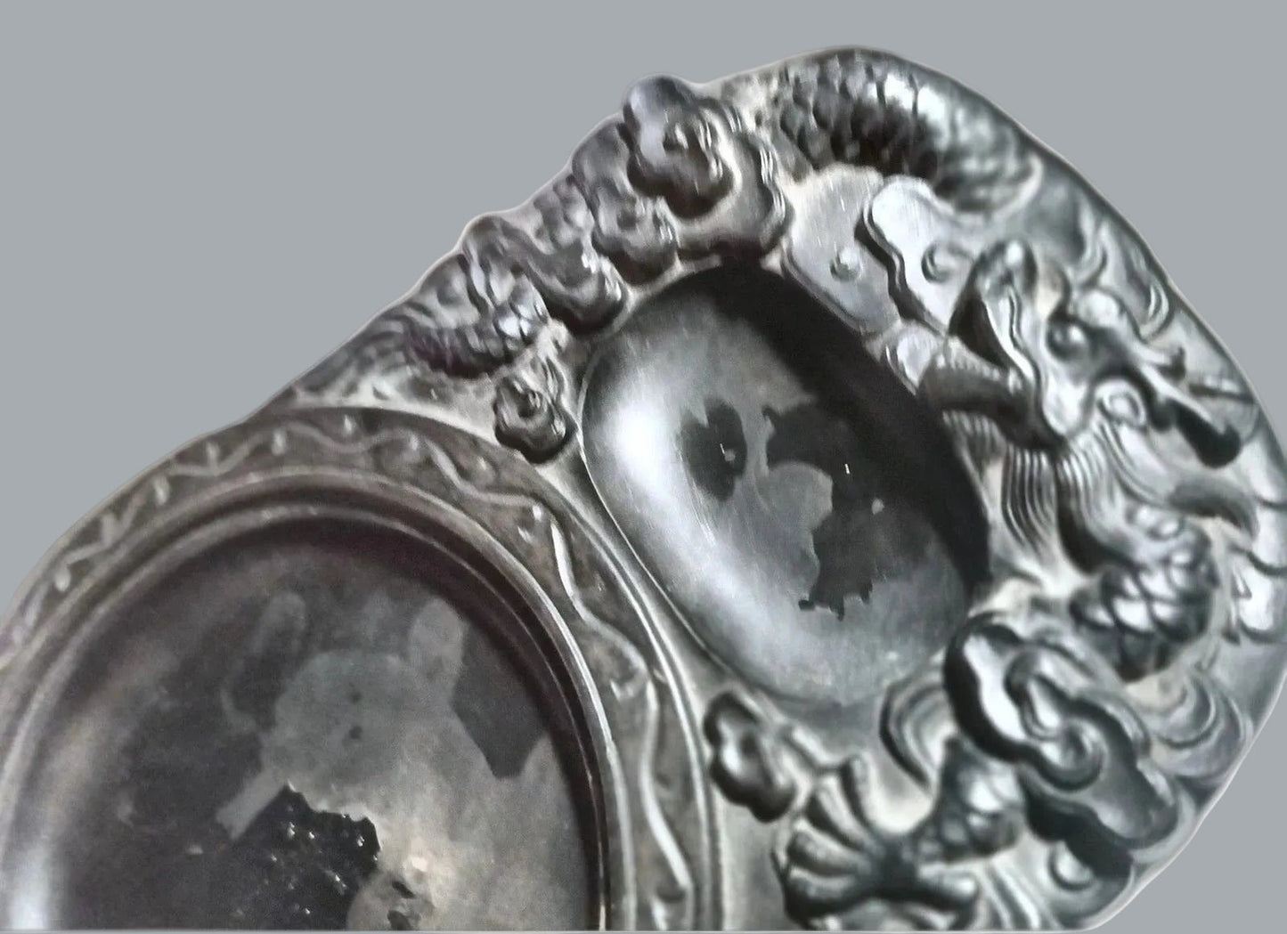 Carved Dragon & Phoenix Chinese Inkstone Yantai Real Stone 9.5” w/ Lid (Chip)