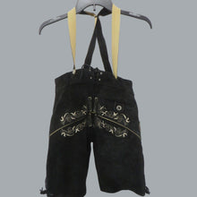Load image into Gallery viewer, Black Leather German Lederhosen Shorts Embroidered Bavarian Suspenders 32