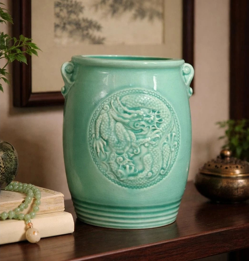 Vintage Celadon Dragon Phoenix Vase Crackle Glaze 5" Turquoise