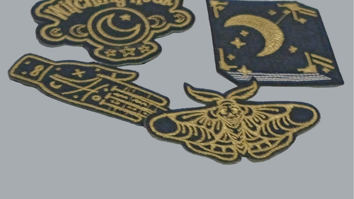 4pc Gothic Witchy Iron-On Patch Set – Witching Hour, Moth, Moon, Hand