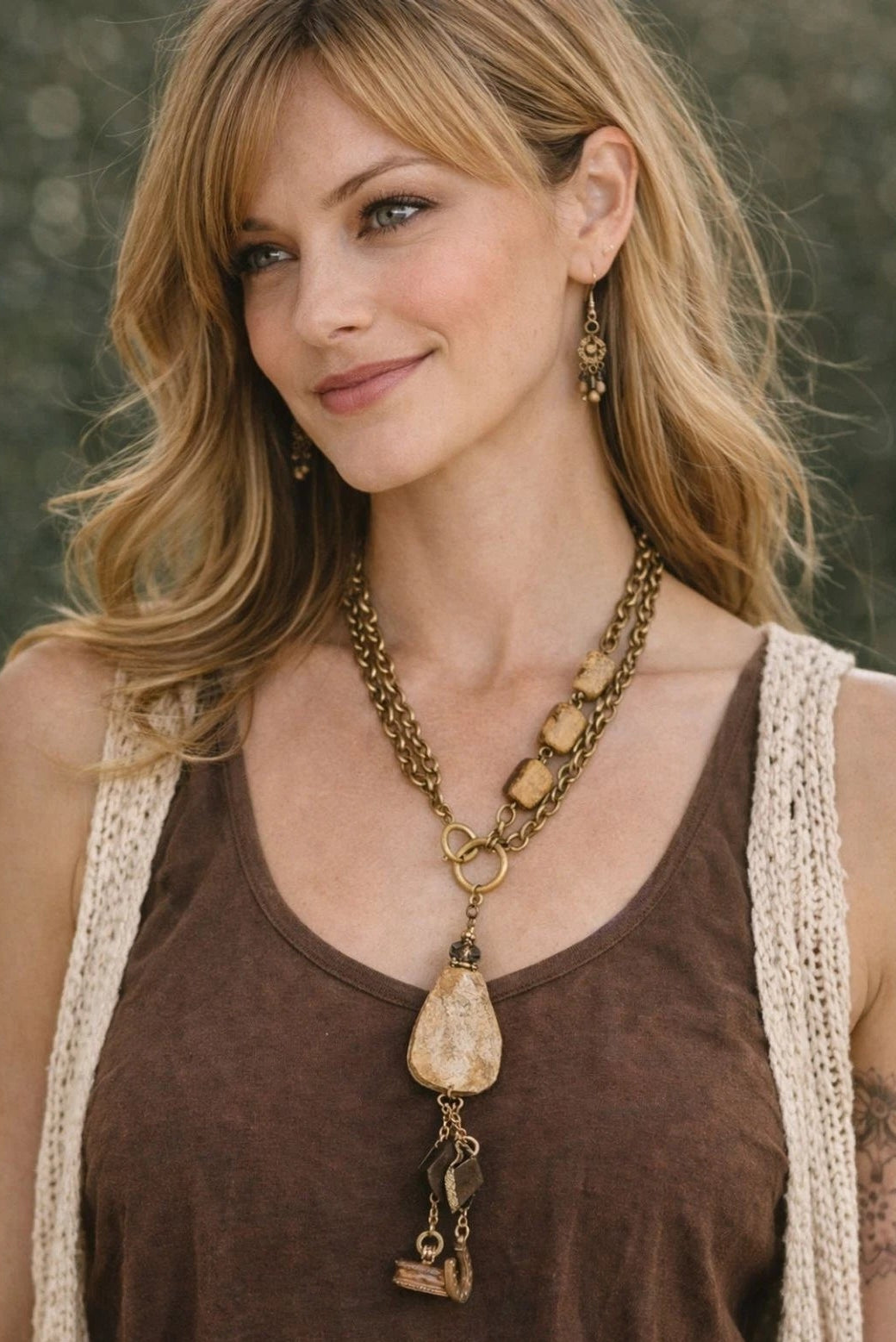 Boho Natural Stone Charm Necklace Antiqued Goldtone Chain 16” Statement