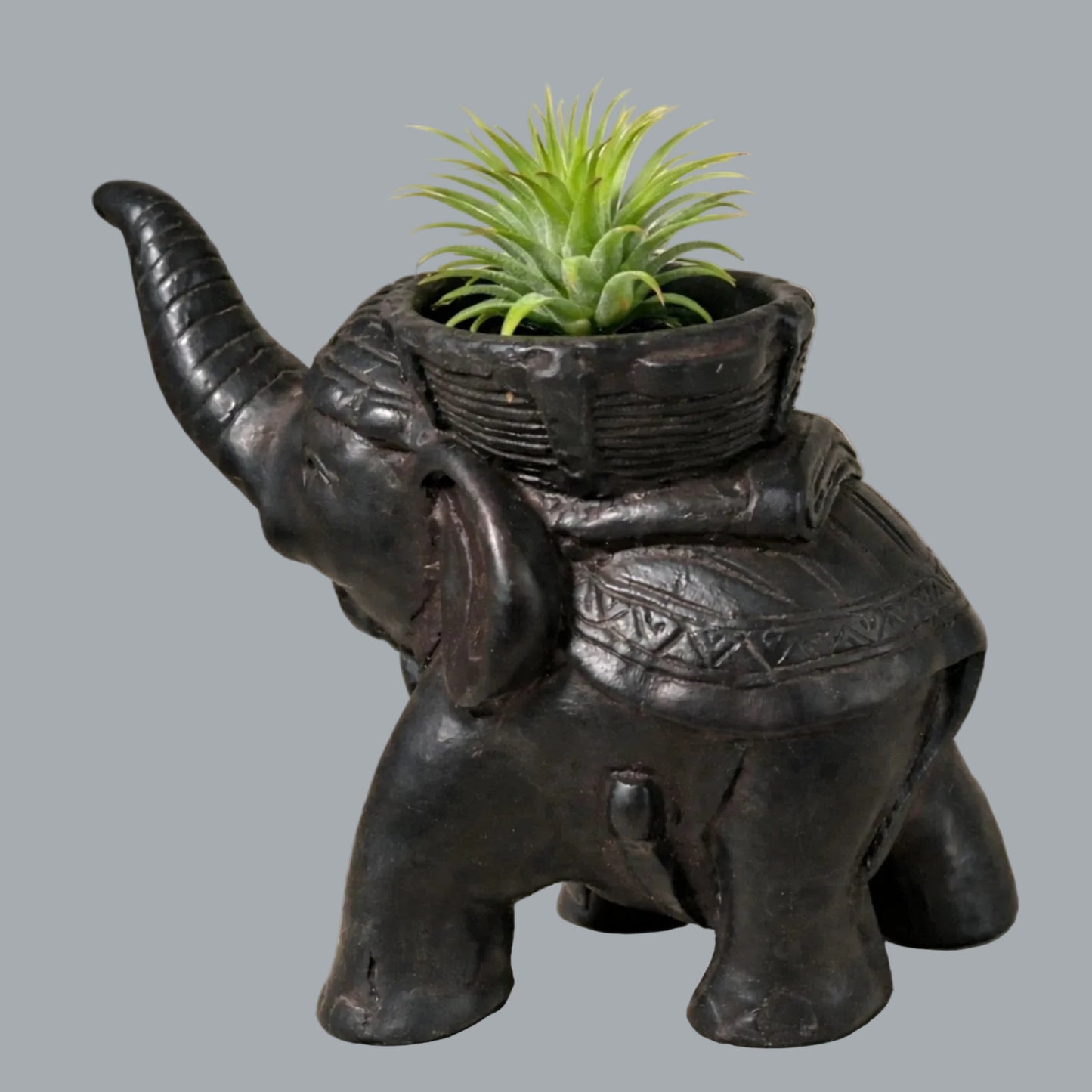 Vintage Elephant Basket Figurine Tribal Style Resin Safari Decor 5"