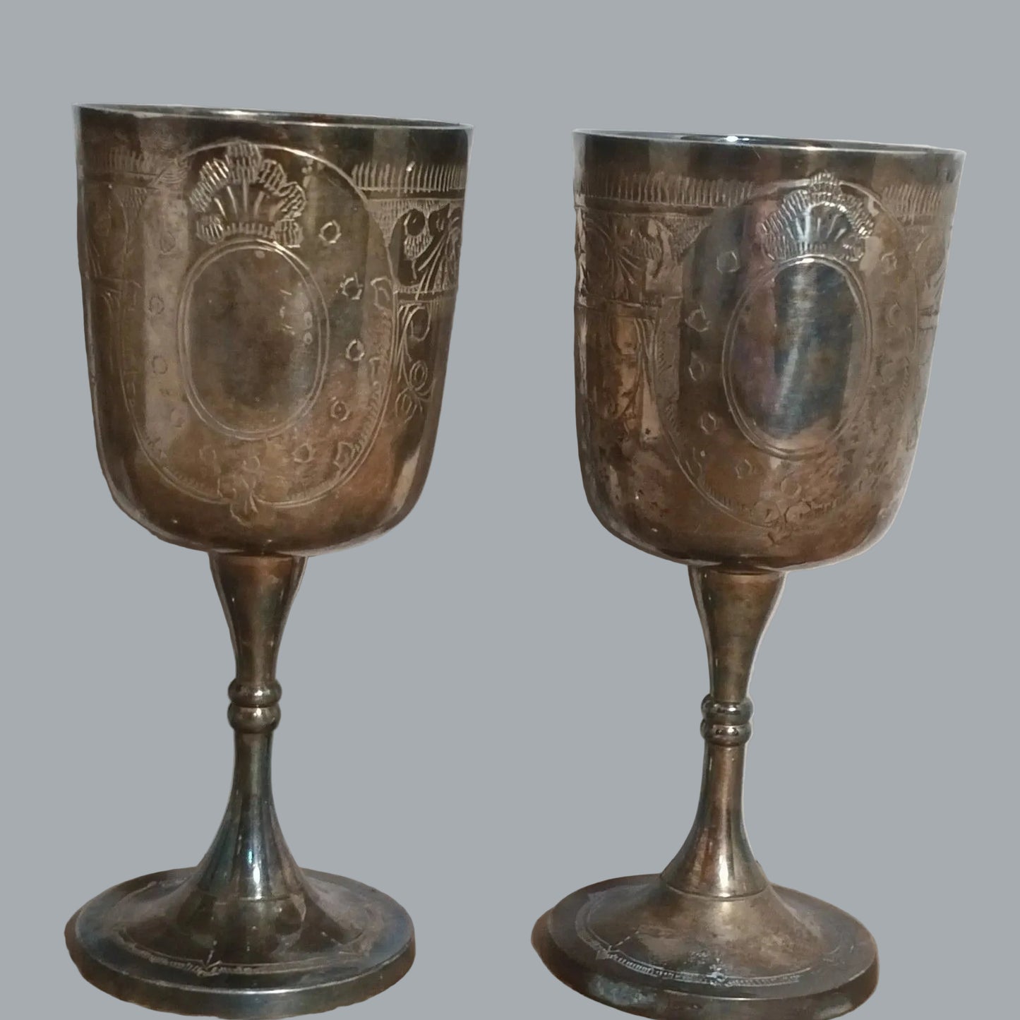 Vintage Silver Plated Engraved Goblets Set of 3 6.5" Tarnished