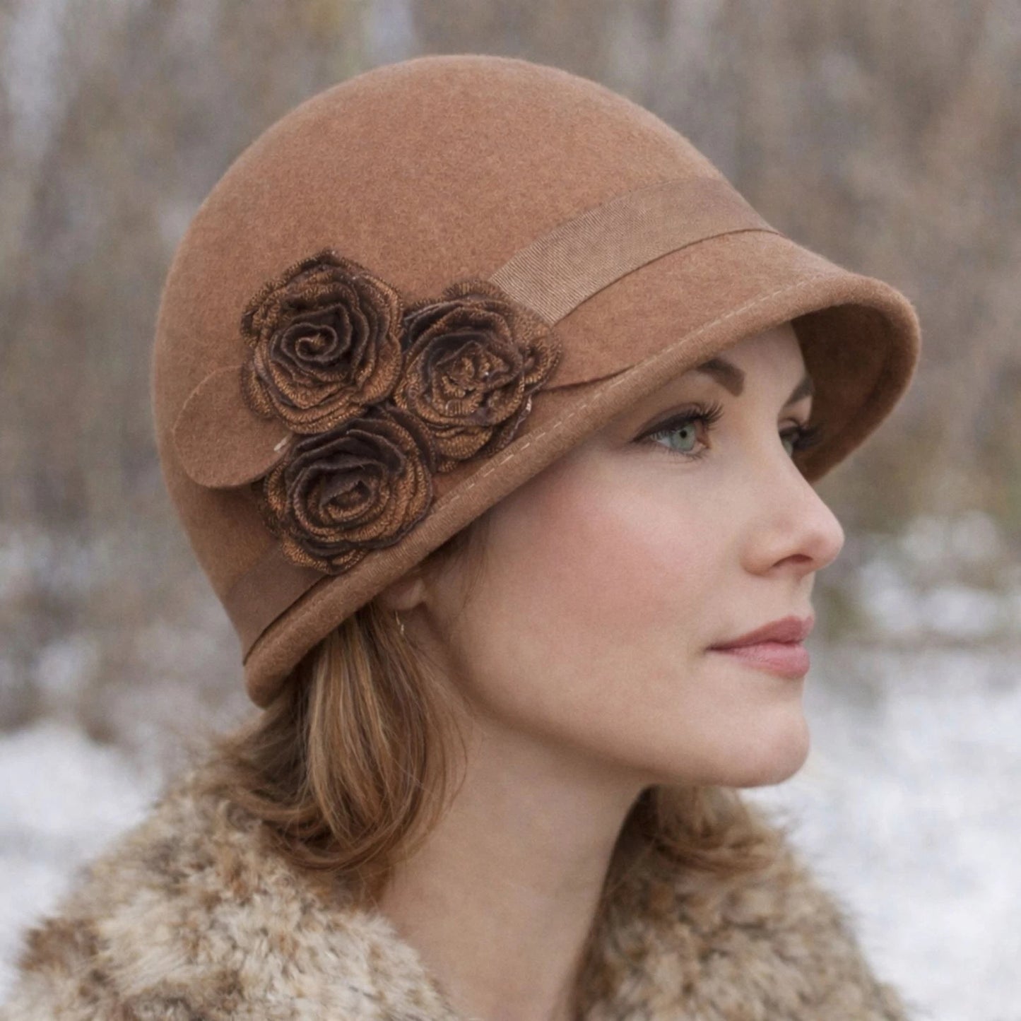 Nine West Brown Wool Felt Cloche Hat w/ Rosette Trim One Size