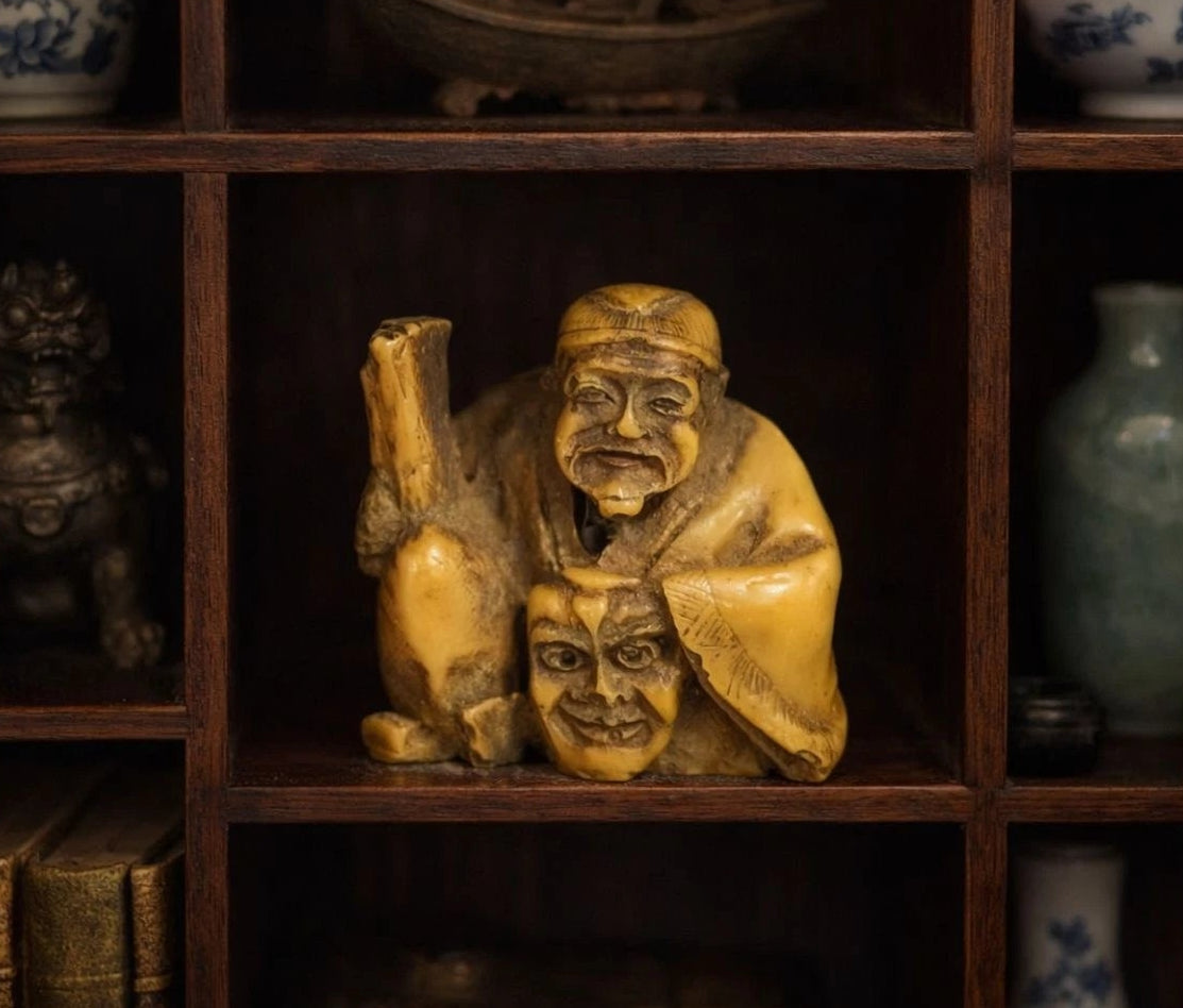 Vintage Asian Netsuke Style Double Face Elder Miniature 1.5"