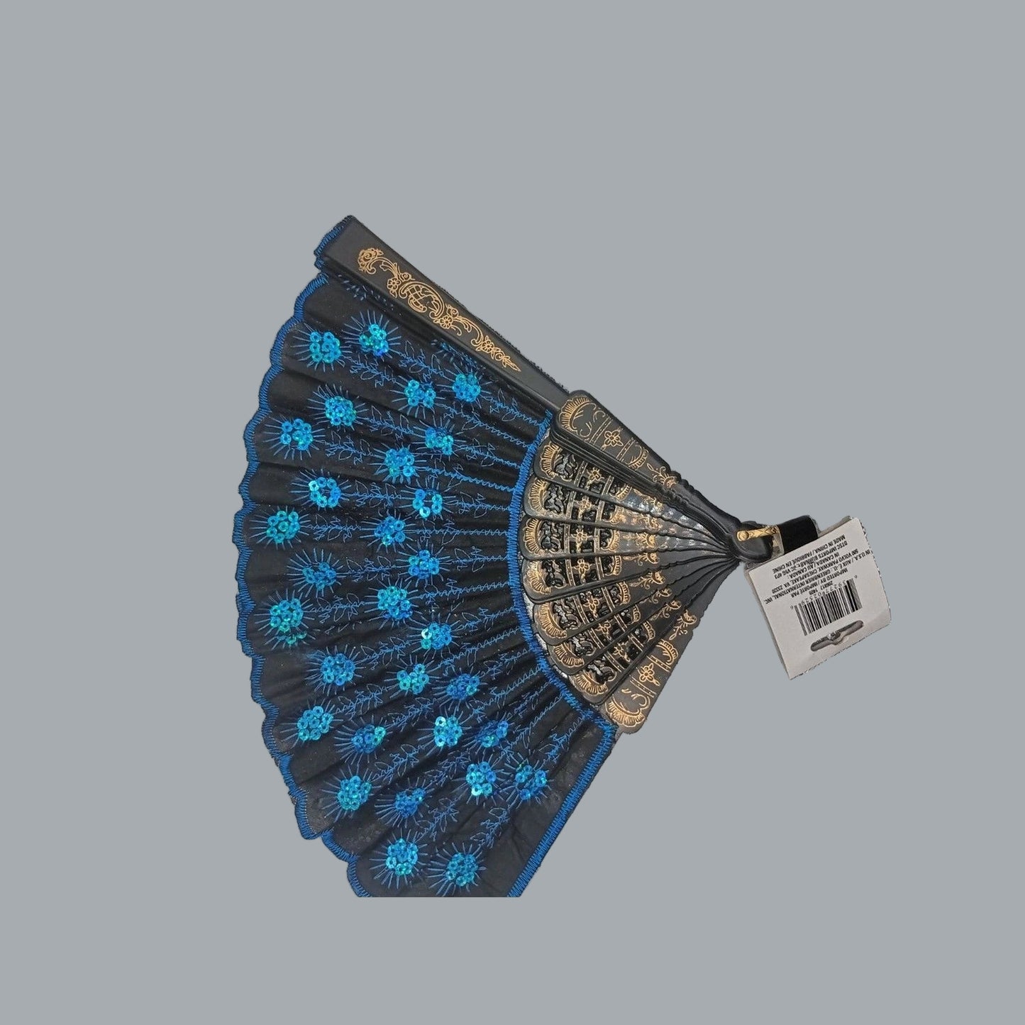 Exquisite Chinese Peacock Sequin Folding Hand Fan Black, Blue & Golden NWT