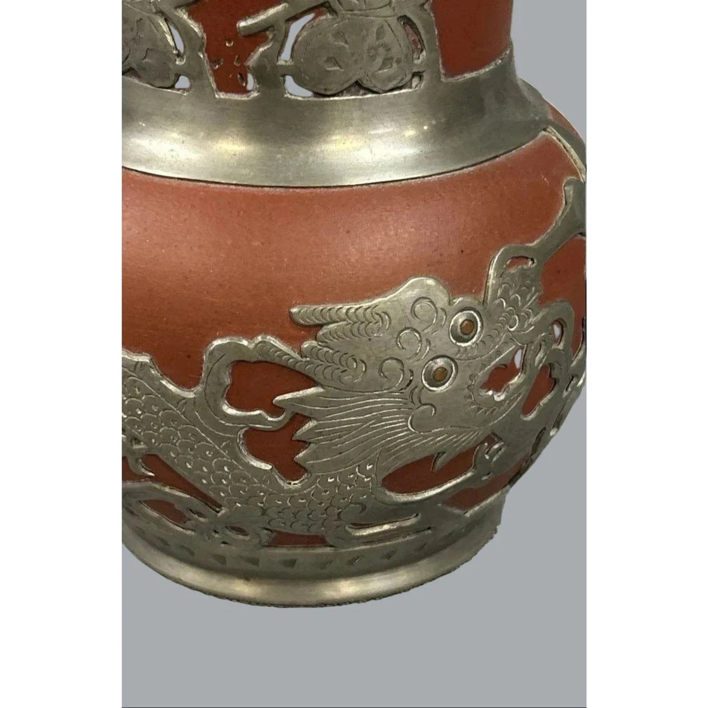 Vintage Shanghai China Pewter Overlay Dragon Red Clay Teapot 6"