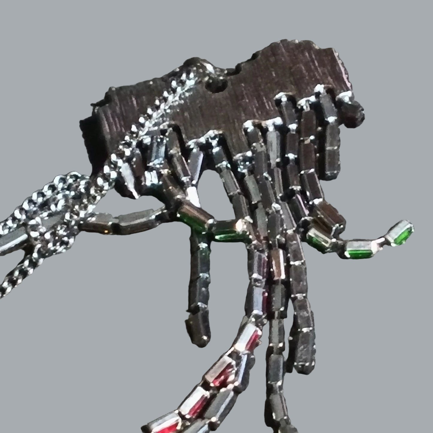 Gunmetal Rainbow Longated Baguette Glass Heart Statement Necklace Waterfall Bib