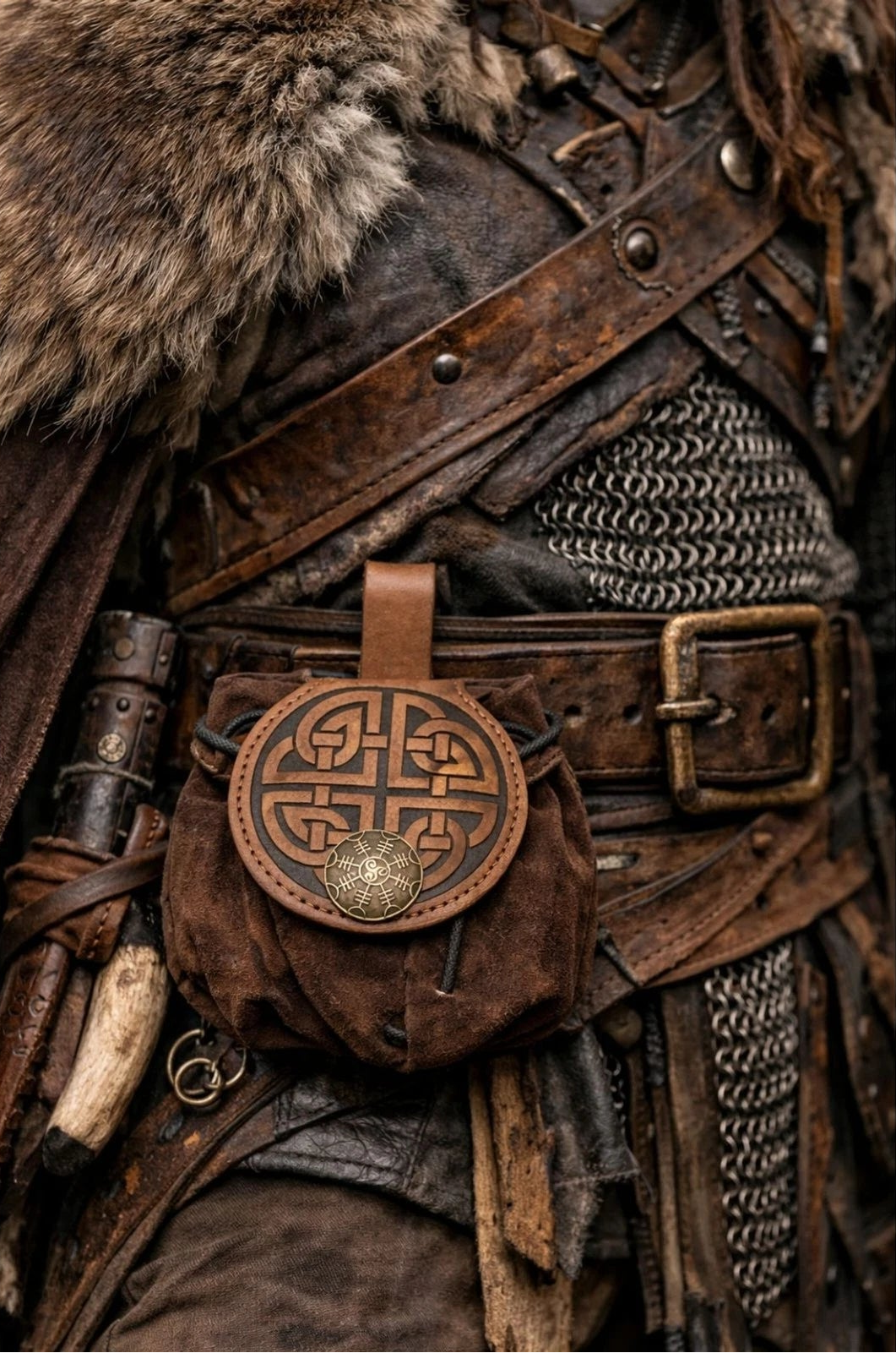 Chestnut Viking Medieval PU Waist Bag Coin Pouch 4.5x4.5 LARP Costume