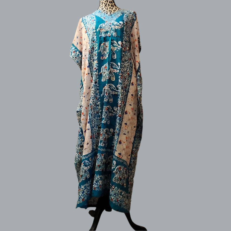Women Long Kaftan Women One Size Maxi Dress Beach Caftan Poncho Blue Elephant