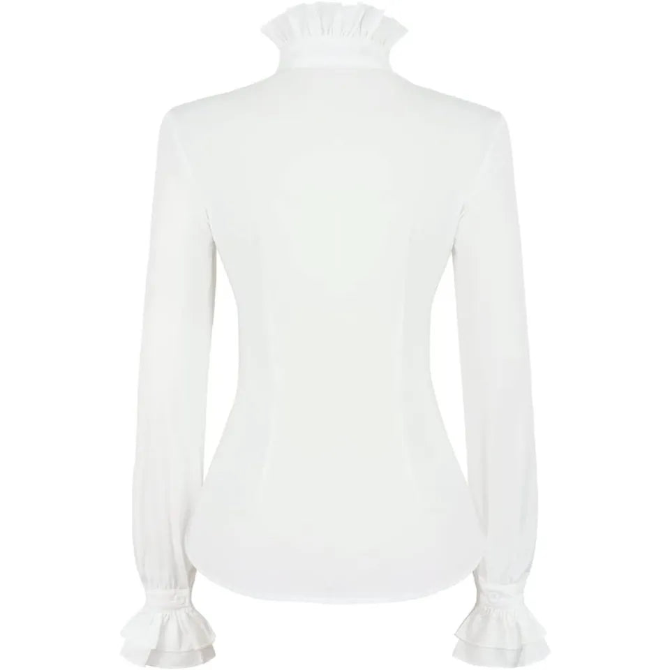 Victorian Gothic Shirt Vintage Ruffle Long Sleeve Blouse Tops XL White