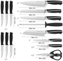 Load image into Gallery viewer, Knife Set, Emojoy 15 Piece Kitchen Knife Set with Block Wooden, German Stainless Steel Sharp Chef Knife Set with Sharpener, dishwasher safe and rust proof, Black