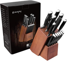 Load image into Gallery viewer, Knife Set, Emojoy 15 Piece Kitchen Knife Set with Block Wooden, German Stainless Steel Sharp Chef Knife Set with Sharpener, dishwasher safe and rust proof, Black