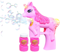 Load image into Gallery viewer, Unicorn Bubble Gun Bubble Blaster Toy for Party Favors Parent-Friendly Sound-Free Design, Extra Refill Bottle and Batteries Included
