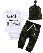 Load image into Gallery viewer, 3pcs Baby Letter Print Romper Camouflage Pants Hat Outfits Set Up to 21 Pounds