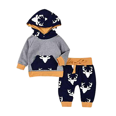 2PCs Baby Deer Print Hoodies with Pocket Top + Long Pants Autumn Outfit Set 6-12Months