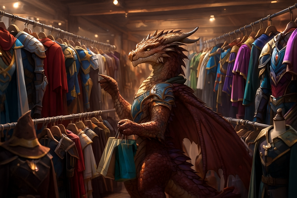 Dragon shopping for colorful cosplay costumes and accessories