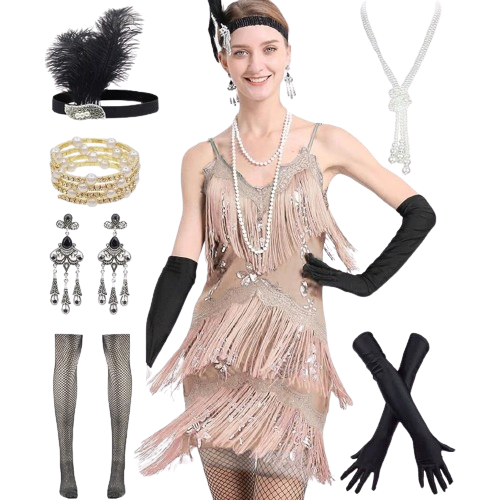 Flapper Dress 1920s Gatsby Tassel Sway Dance Dress with 20s Accs Set Sm Gold