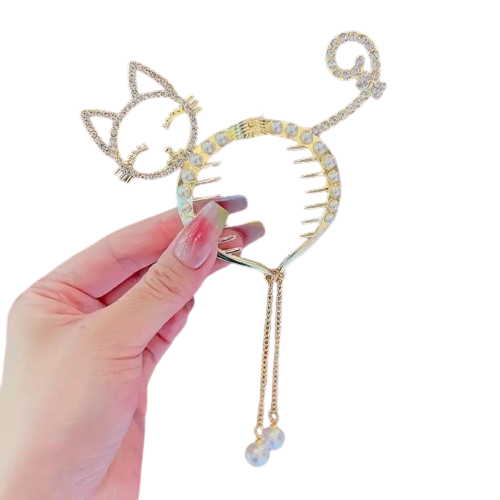 Cat Rhinestone Claw Clips, Faux Pearl Ponytail Buckle Hairpin