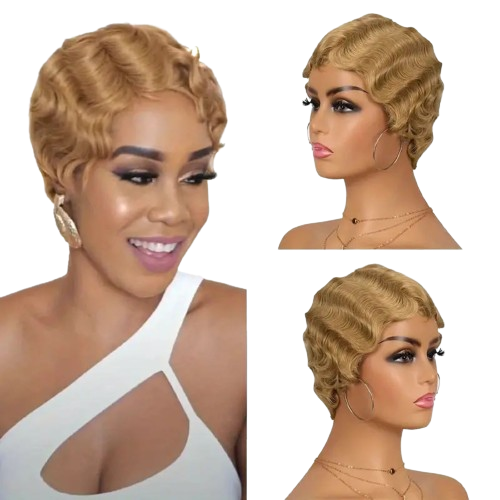 130% Density Remy Human Hair Wigs Dark Blonde Finger Wave Pixie Cut Short Curly