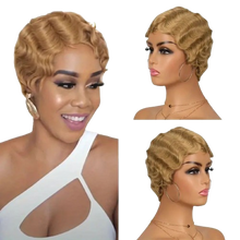 Load image into Gallery viewer, 130% Density Remy Human Hair Wigs Dark Blonde Finger Wave Pixie Cut Short Curly
