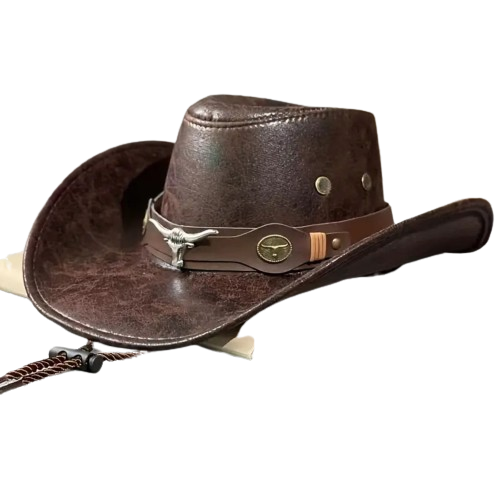 Large Brim Bull's Head Rivet Belt Outdoor Riding Hat Unisex Faux Leather