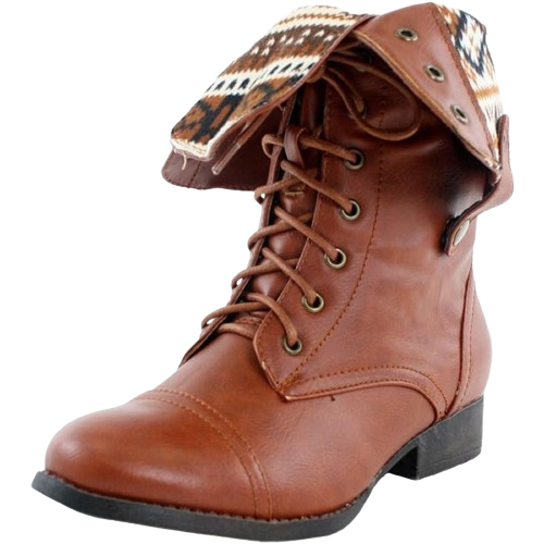 Women's Ankle Lace Up Combat Boots Bootie Two Way Fold Down Low Heels Cognac 6.5