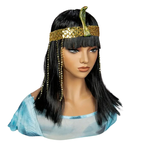 Egyptian Queen Costume Wig Black Hair 14inch Straight Synthetic + Bangs Cosplay