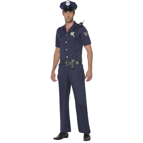 Men's Police Cosplay costume Blue, Small Pants Shirt Hat Belt & Badges