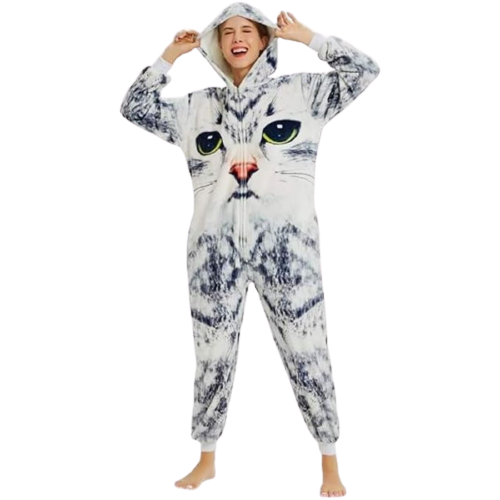 3D Cat Unisex Adult One-Piece Pajamas Cosplay Animal Sleepwear Medium Grey