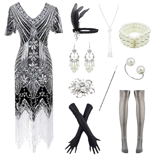 1920s Sequins Gatsby Cocktail Flapper Dress Black Silver Sm Headband Accs Set