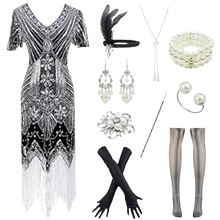 Load image into Gallery viewer, 1920s Sequins Gatsby Cocktail Flapper Dress Black Silver Sm Headband Accs Set
