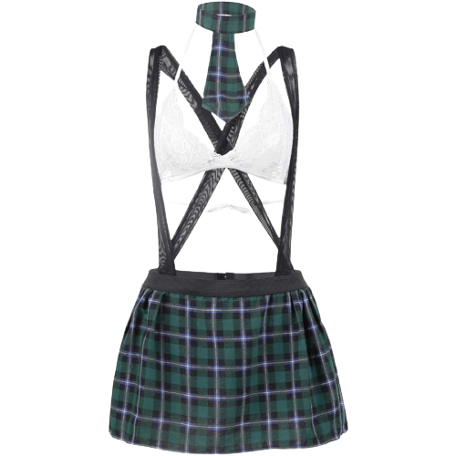 School Girl Lingerie Set Sexy Uniform Role Play Mini Plaid Skirt Green Large