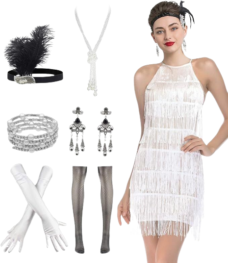 Flapper Dress 1920s Gatsby Tassel Sway Dance with 20s Accessories Medium White