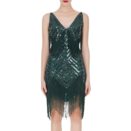 1920s Great Gatsby Dress Sequin Flapper Dress Slip Mini Short Dress M Dark Green