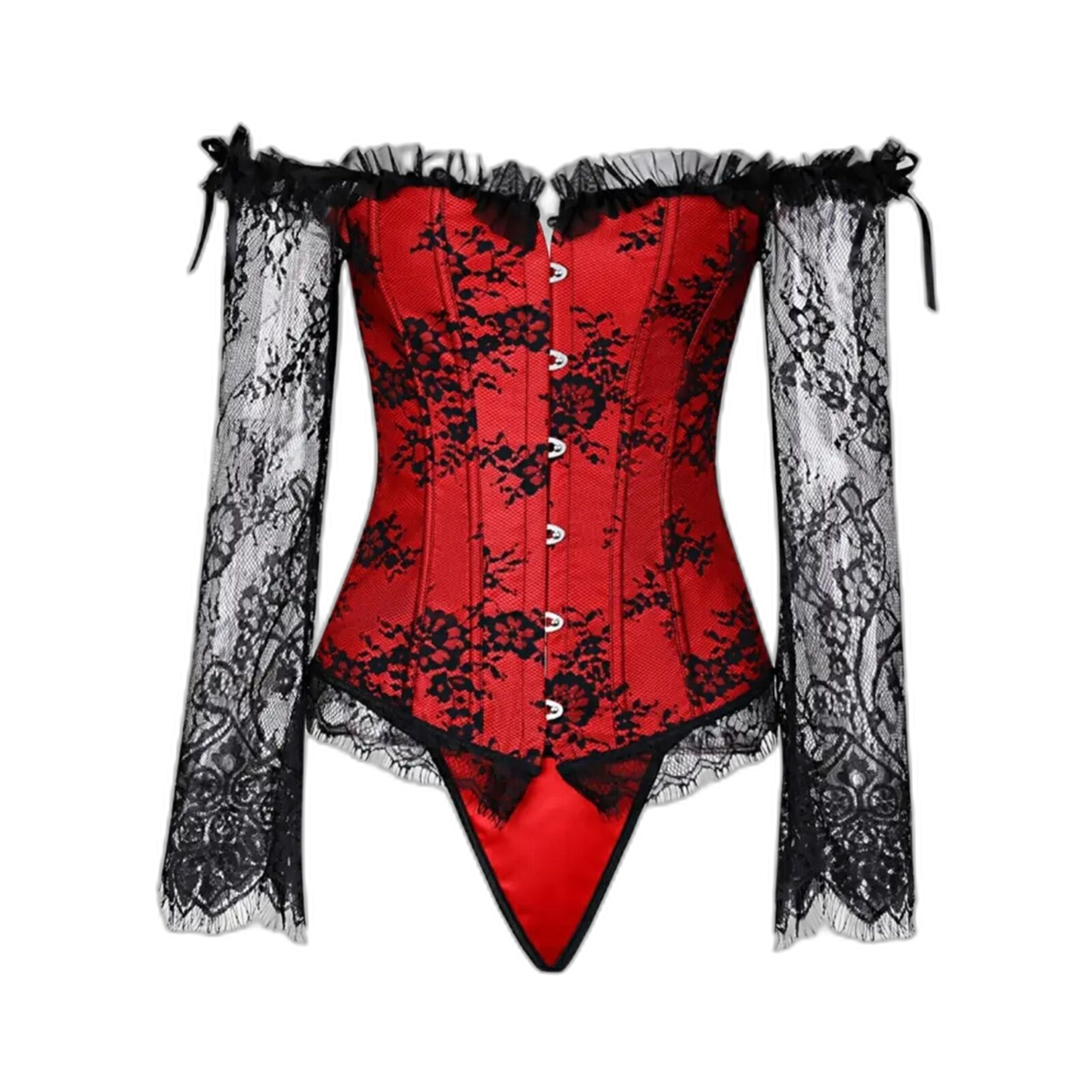 Renaissance Corset Red + Black lace Off Shoulder Lace Court Bustier Top Size 14