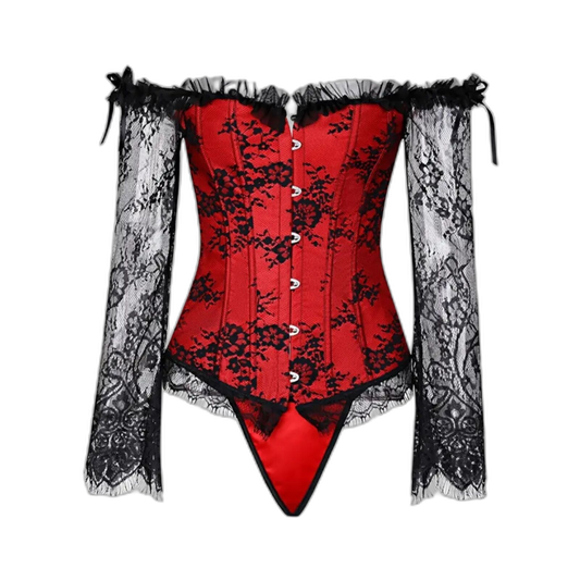 Renaissance Corset Red + Black lace Off Shoulder Lace Court Bustier Top Size 14