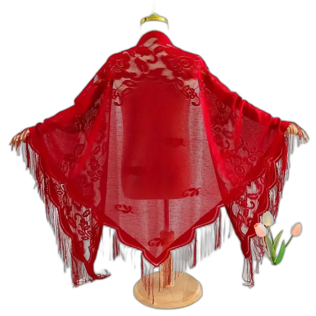 Vintage Style Red Lace Shawl Thin Breathable Tassel Triangle Scarf Hollow Out