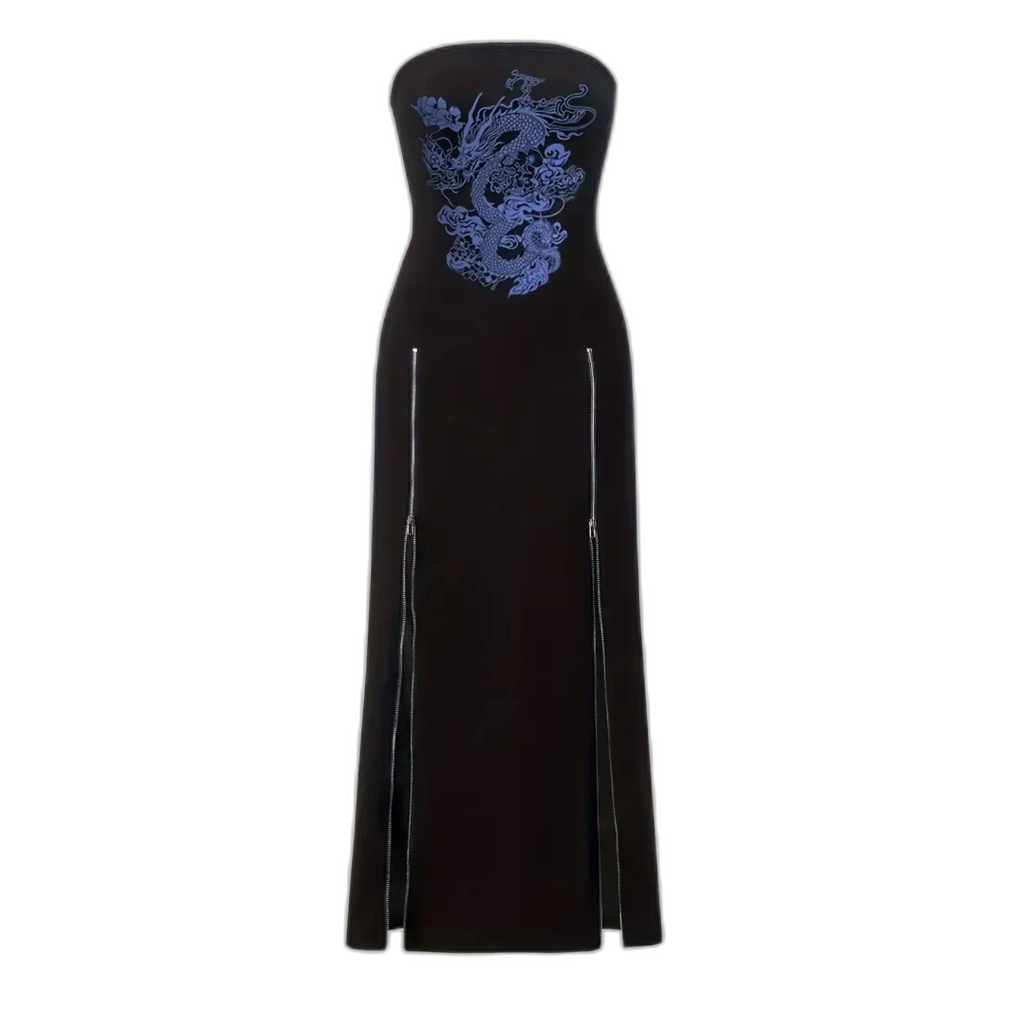 Dragon Pattern Black Sz14 Zip Front Tube Dress Sleeveless Strapless Split Dress