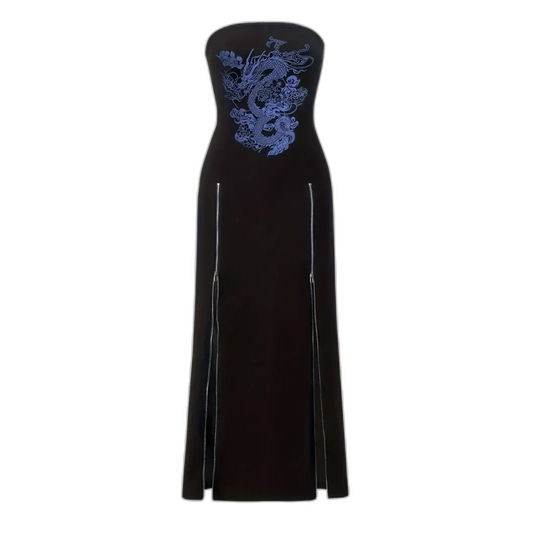 Dragon Pattern Black Sz14 Zip Front Tube Dress Sleeveless Strapless Split Dress